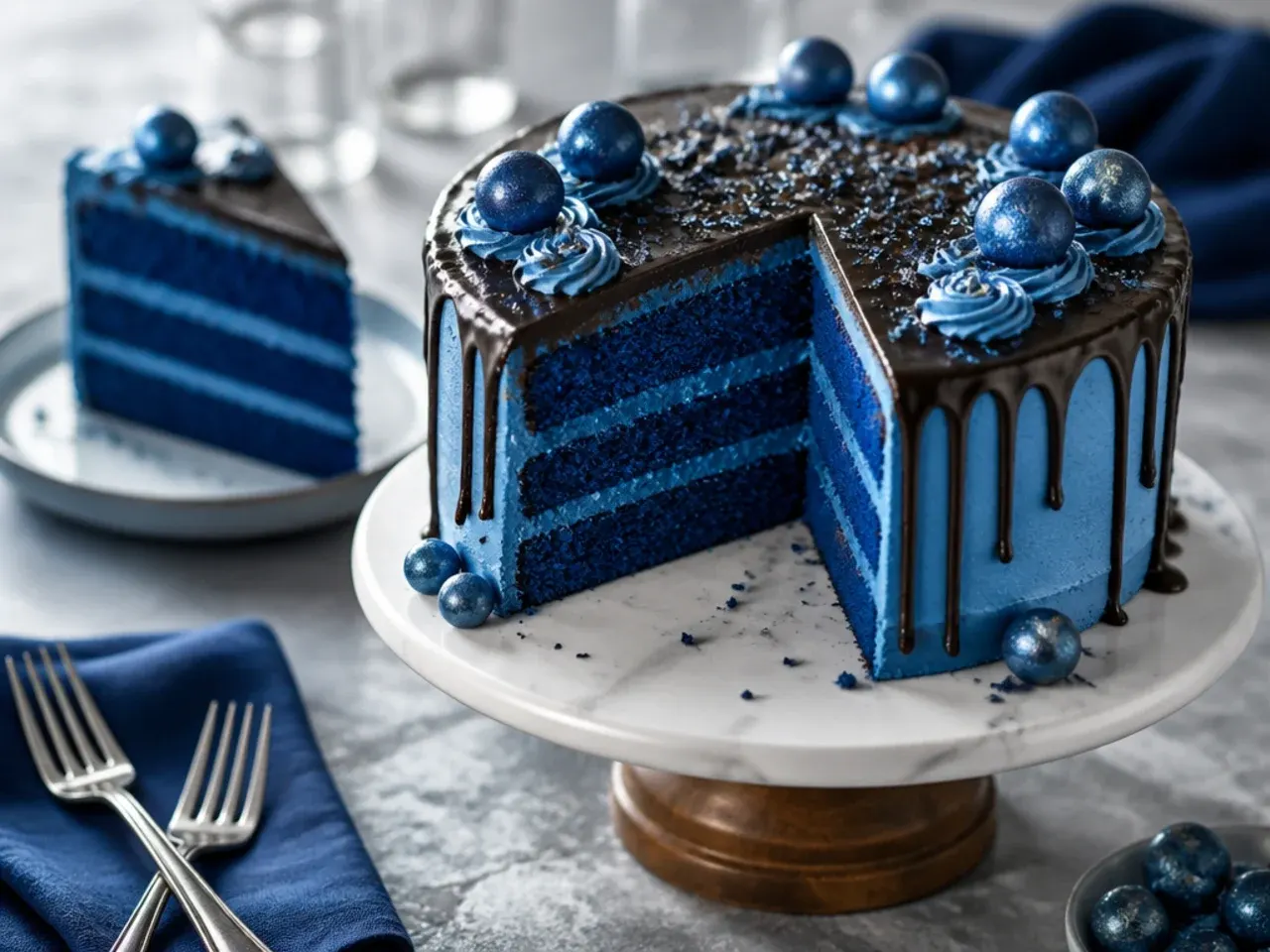 A large blue and white geode-style cake with edible rock candy crystals set into one side