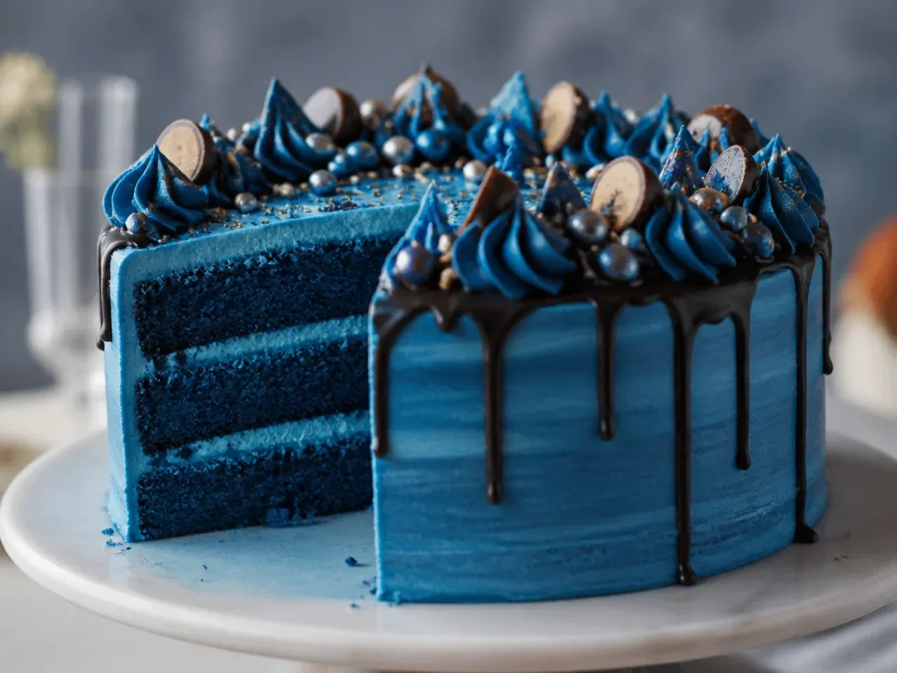Wrapped blue-tinted sponge cake layers stacked and ready to be frozen ahead of decorating