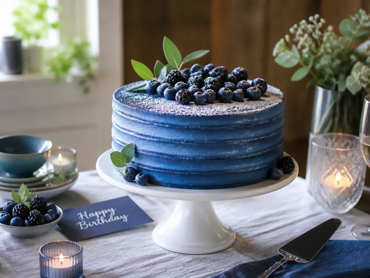 A blue and green camouflage-patterned buttercream cake with a fondant number on top