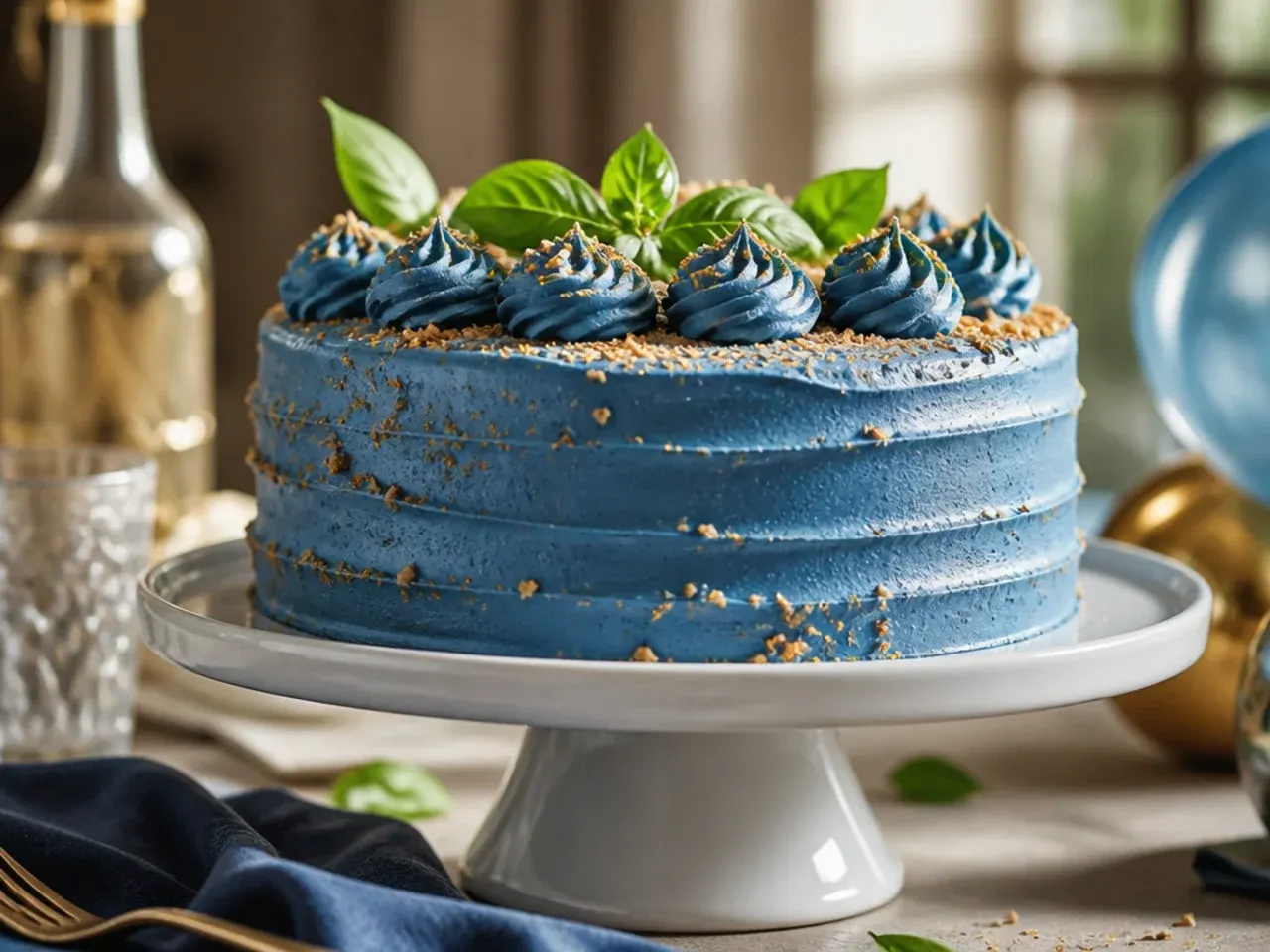 A navy blue cake decorated with gold piped fireworks lines and small flakes of edible gold leaf