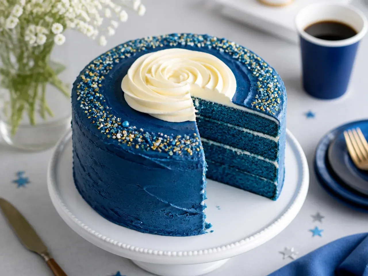 A traybake cake covered in a glossy blue glaze, cut into neat square slices