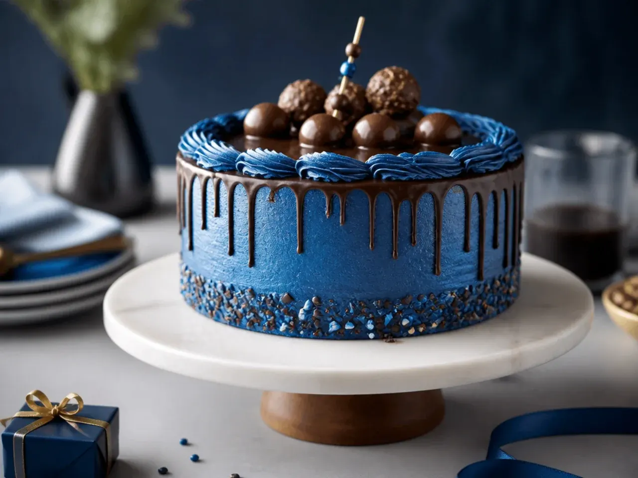 A homemade blue vanilla sponge cake with silky Swiss meringue buttercream being smoothed with a spatula