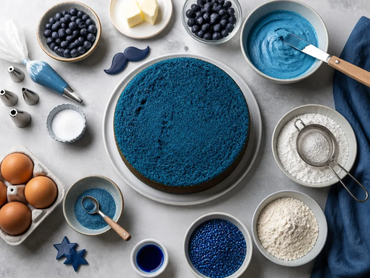 A hand adding navy blue gel food colouring to a bowl of white buttercream with a small spatula
