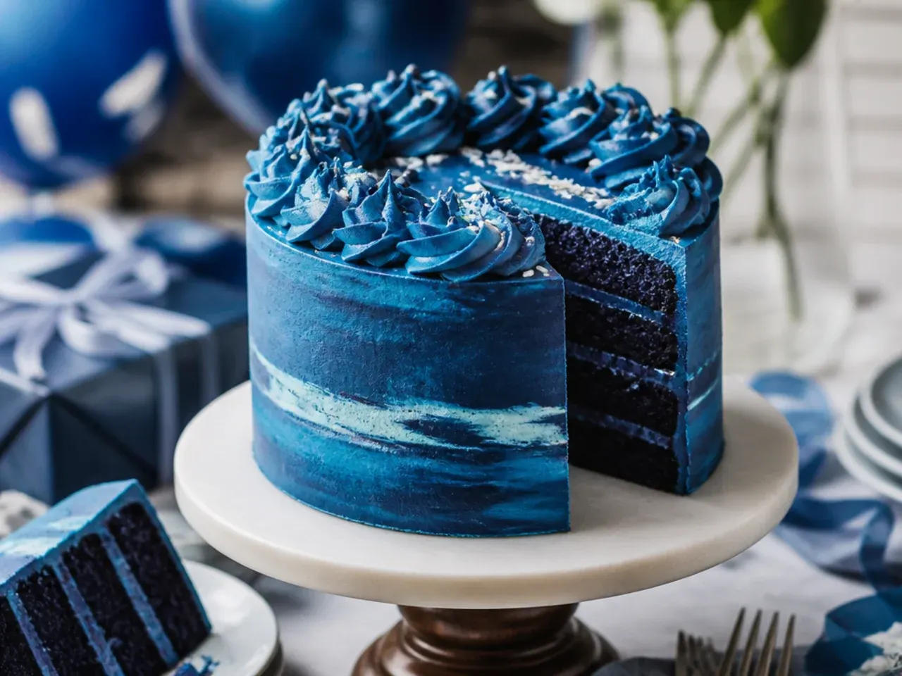 A neatly cut slice of blue layer cake served on a plate with a cup of coffee alongside