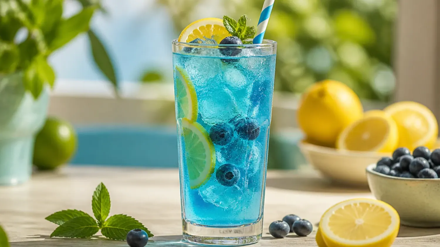 A row of vivid blue non alcoholic drinks in tall glasses with citrus and pineapple garnishes on a white table
