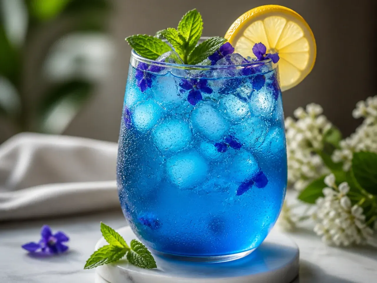 Overhead shot of several blue non alcoholic drinks in different glasses surrounded by lemons and pineapple pieces