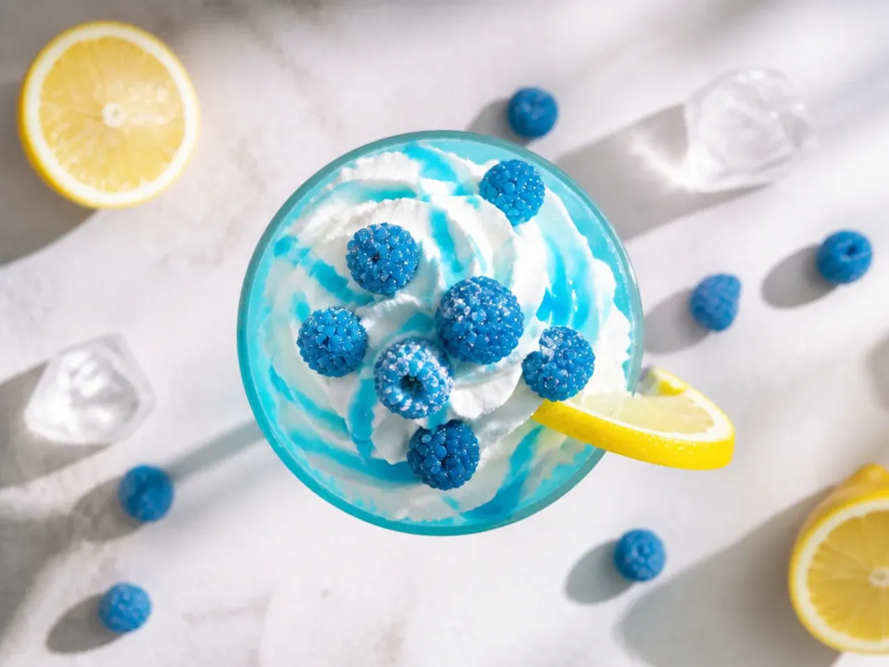 Glass of iced blue raspberry lemonade with a lemon wheel garnish and striped straw