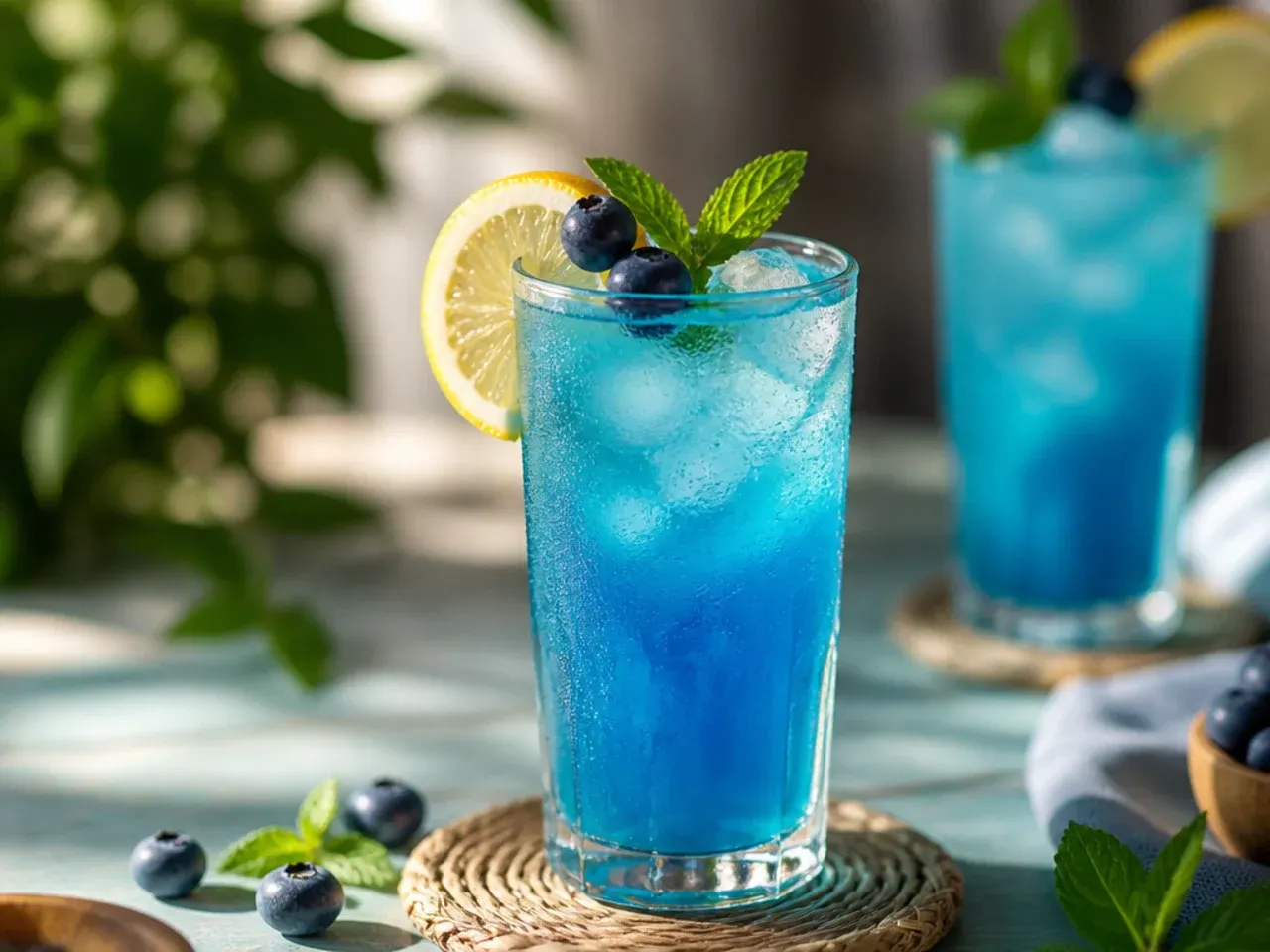 Classic blue lagoon mocktail in a glass with a pineapple wedge and cherry garnish
