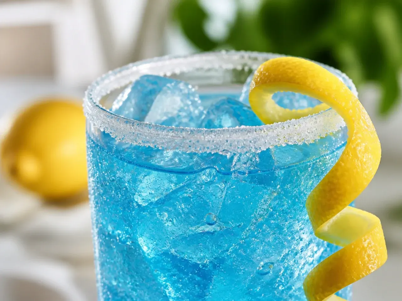 Copycat ocean water drink in a plastic cup with blue-tinted soda and ice