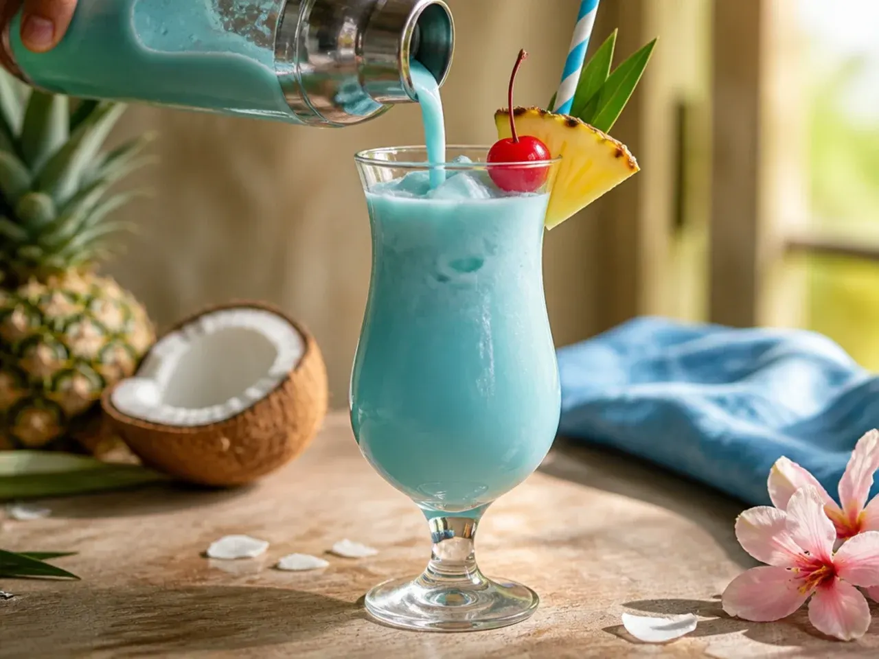Creamy blue Hawaiian colada in a glass with pineapple leaf and cherry garnish