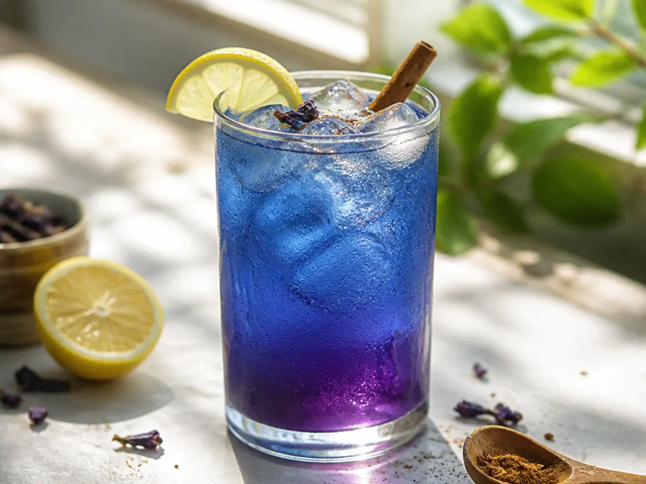 Butterfly pea flower lemonade mid colour-change from blue to purple in a clear glass