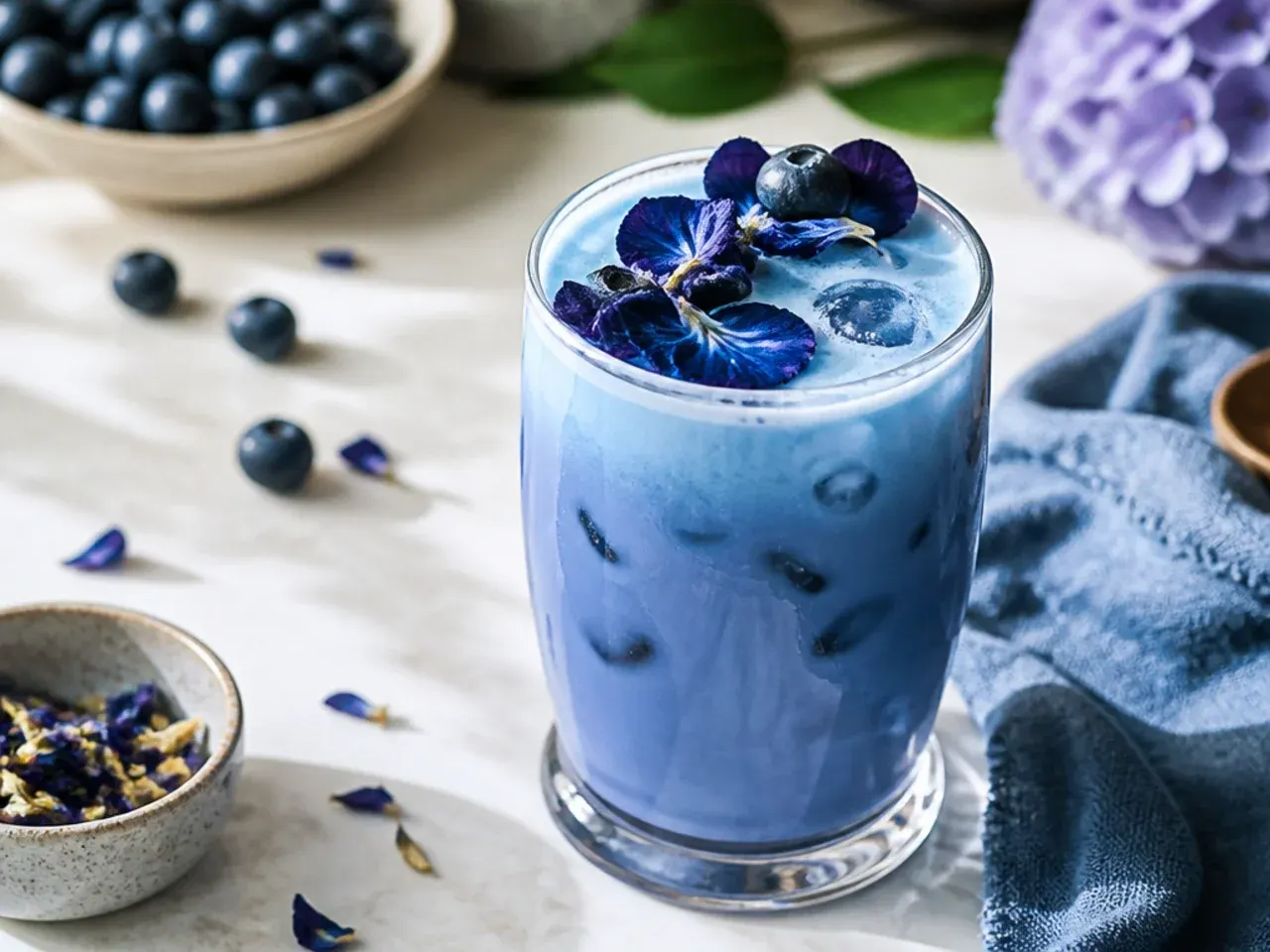 Warm blue butterfly pea latte in a mug with light foam on top