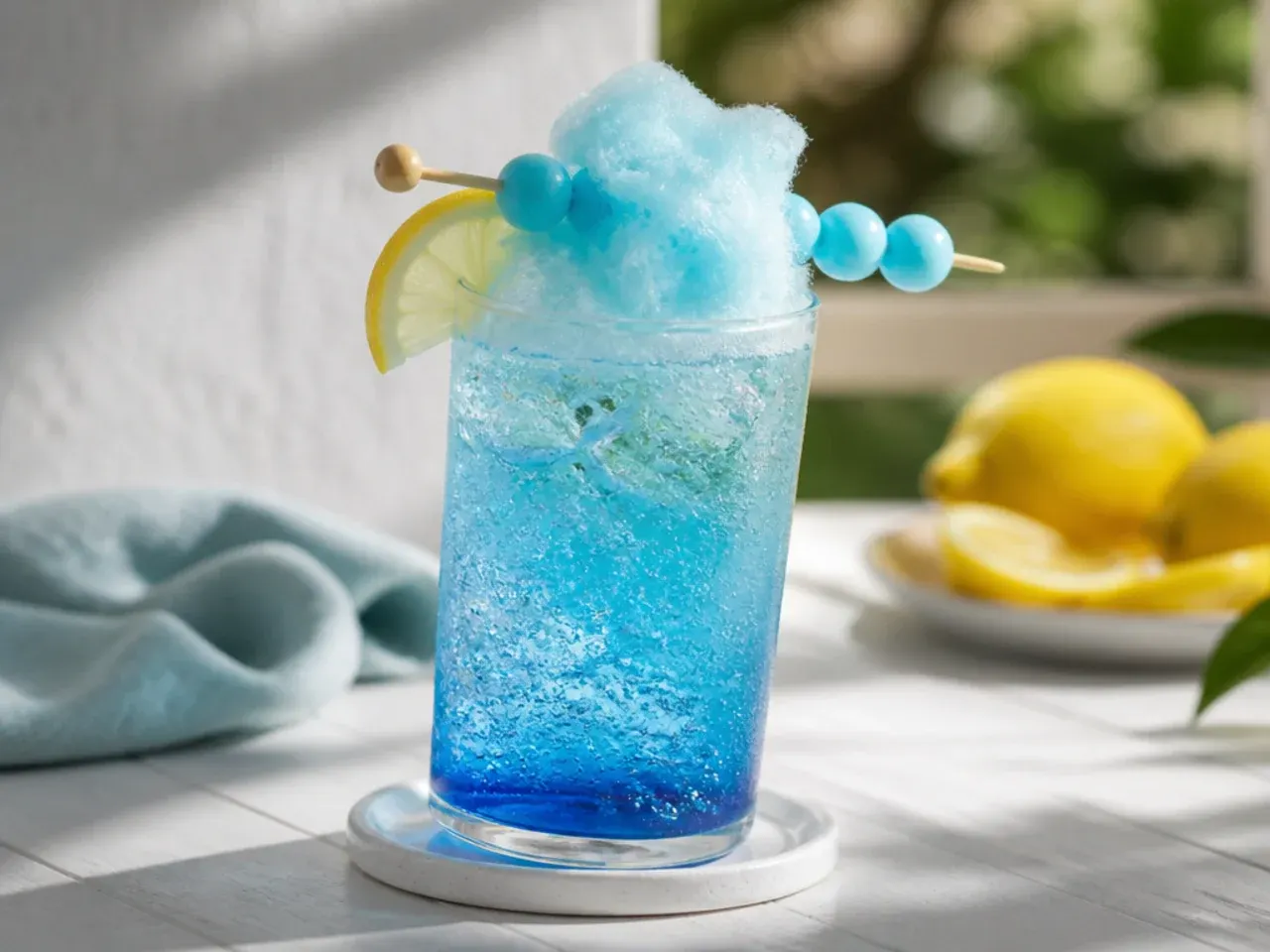Blue cotton candy fizz in a glass topped with a swirl of pink and blue spun sugar