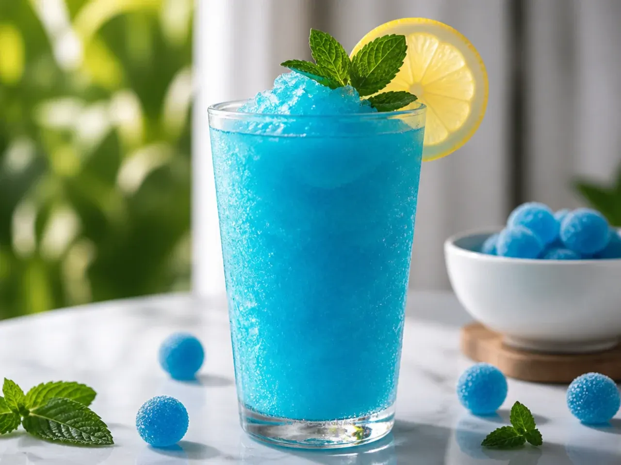 Blue raspberry slushie in a plastic cup with a wide straw and frost on the glass