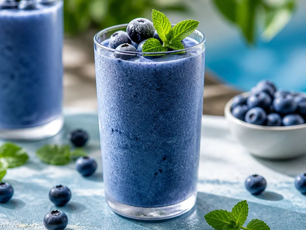 Blue-toned blueberry smoothie in a glass topped with fresh blueberries