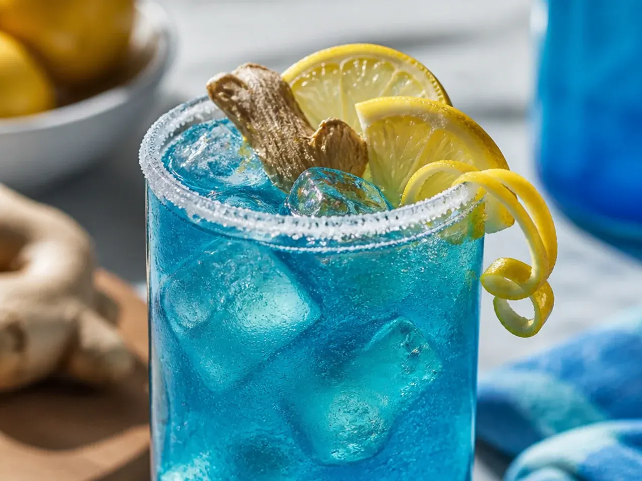 Spiced blue ginger citrus fizz in a glass with a candied ginger and lime wheel garnish