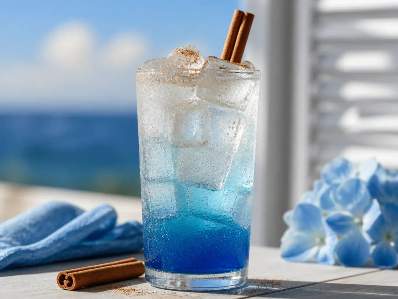 Layered blue ombre mocktail in a tall glass showing a gradient from deep blue to clear