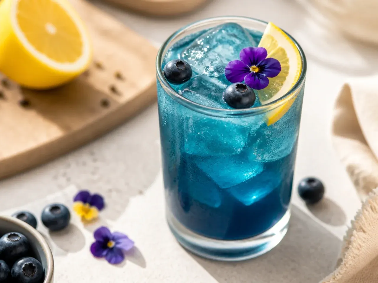 Bold blue spirulina electrolyte drink in a glass with lime wedge and ice