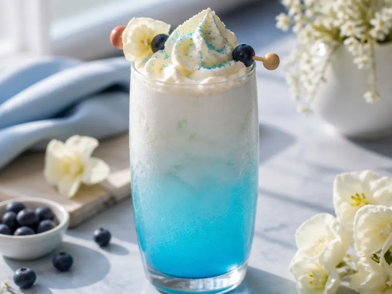 Smooth blue vanilla cream soda in a glass topped with a cloud of whipped cream