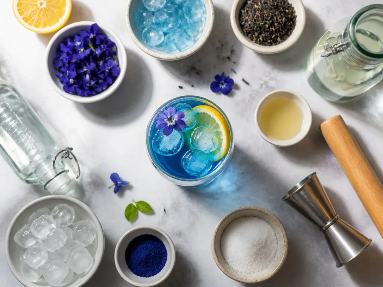 Hands preparing a layered blue drink by pouring slowly over the back of a spoon
