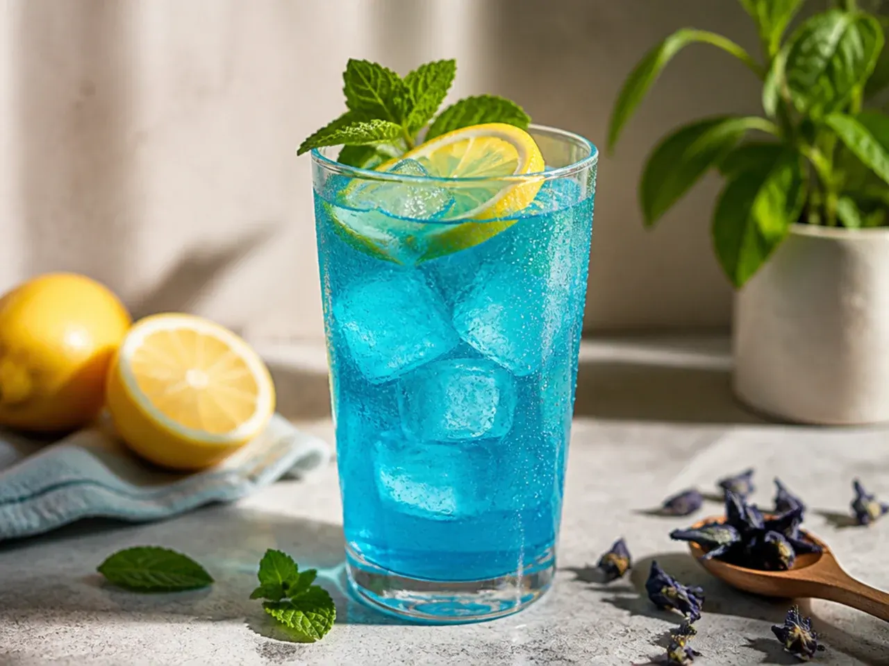 Table of blue drinks with citrus garnishes, sugared rims, and blue ice cubes