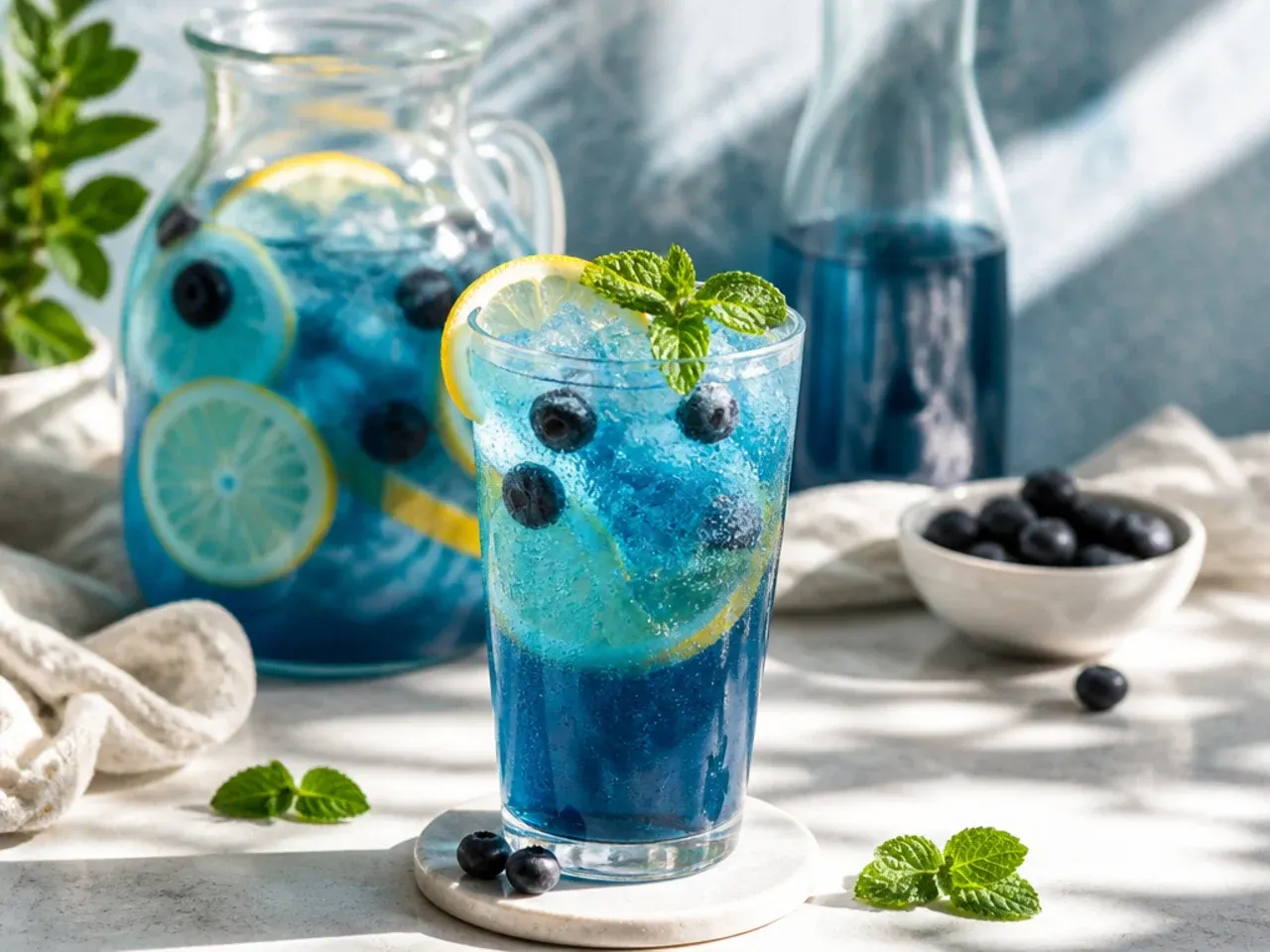 Pitchers of pre-made blue drink bases lined up in a refrigerator ready for a party
