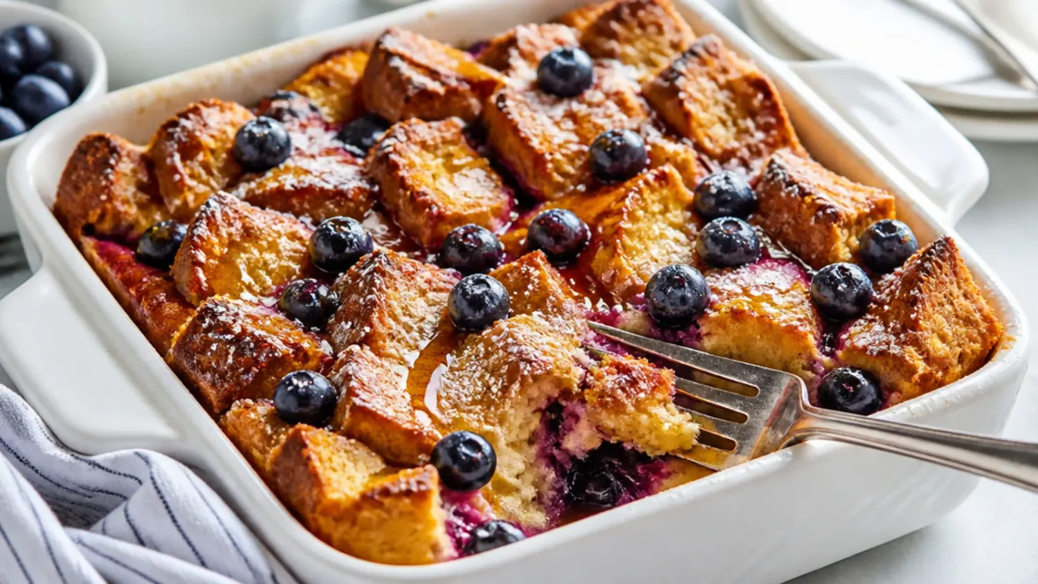 Golden baked blueberry french toast casserole in a white dish, bursting with juicy blueberries and dusted with icing sugar
