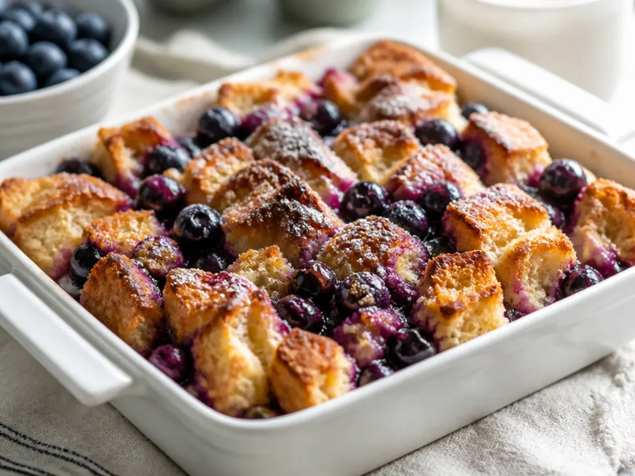Overhead shot of a baked blueberry french toast casserole with syrup being poured over the top