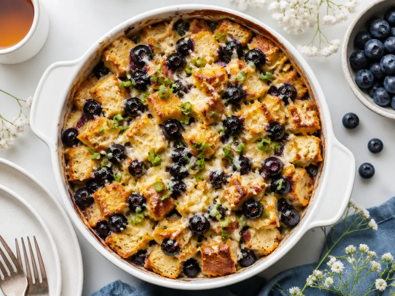 Cubed brioche bread soaking in egg custard with fresh blueberries in a casserole dish