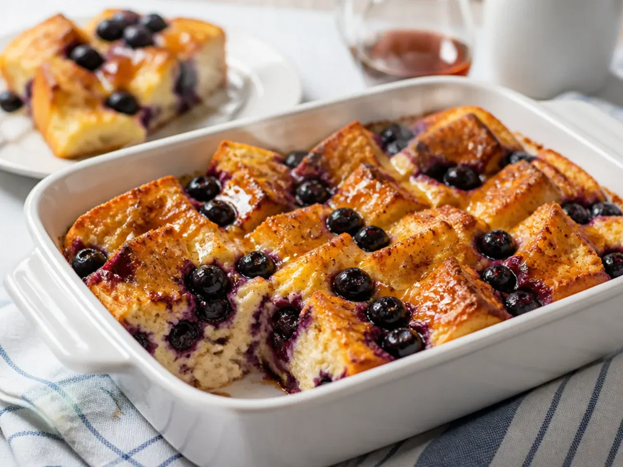 Simple five ingredient blueberry french toast casserole in a baking dish before going into the oven