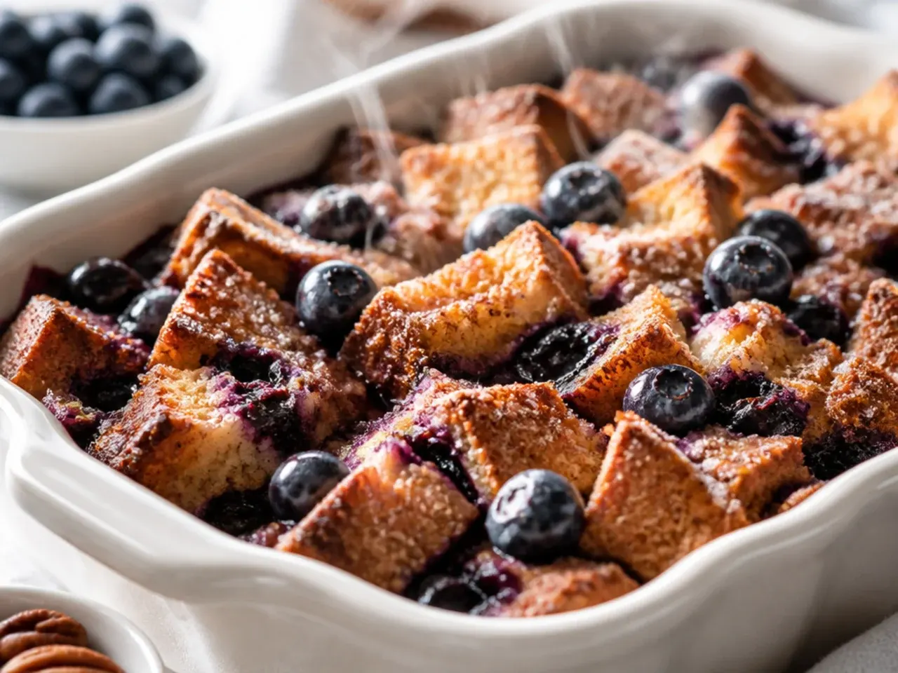 Cinnamon-spiced blueberry french toast casserole with a golden, slightly crisp top