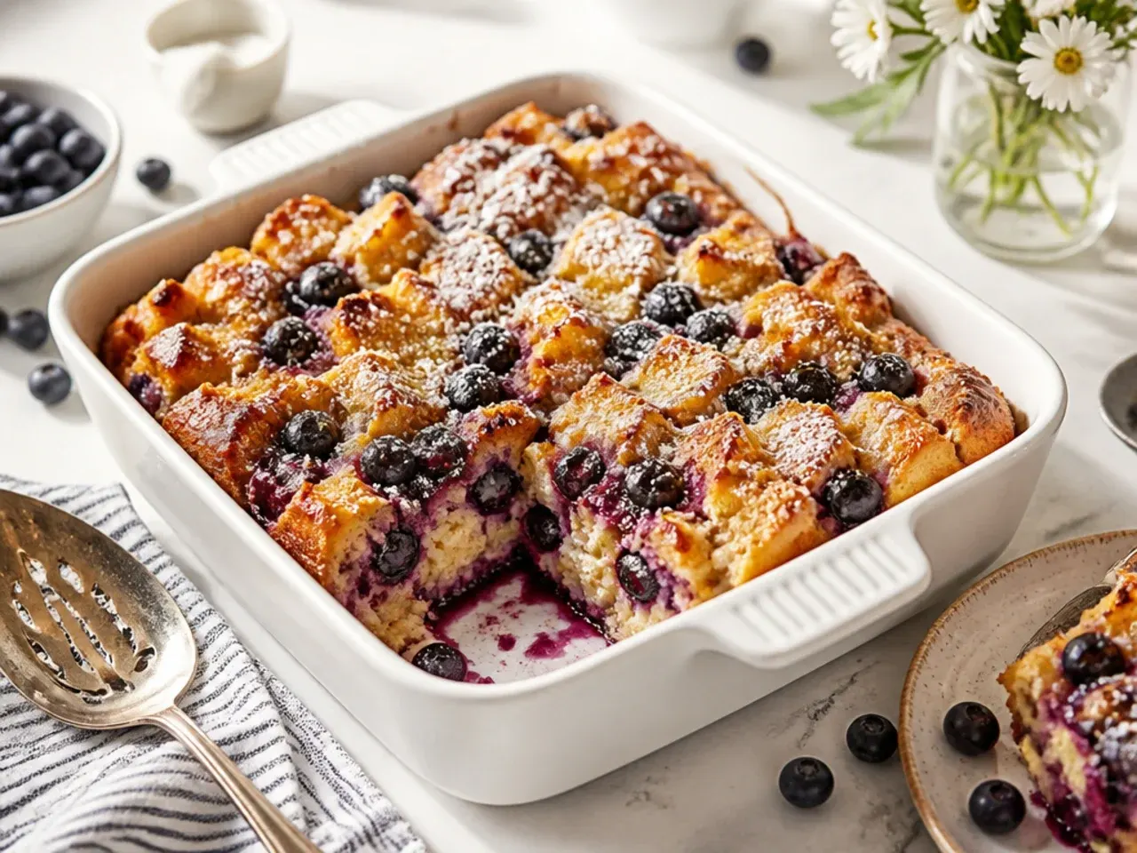 One bowl blueberry french toast casserole mixture being assembled directly in a baking dish