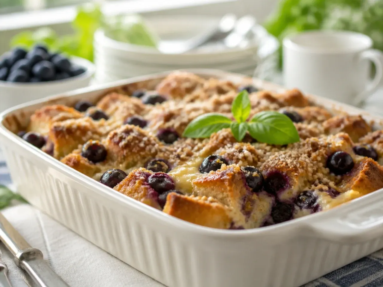 Cross section of creamy custard style blueberry french toast casserole showing soft interior texture