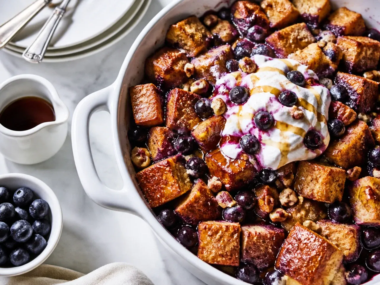 Loaded blueberry french toast casserole topped with mixed berries and toasted chopped nuts