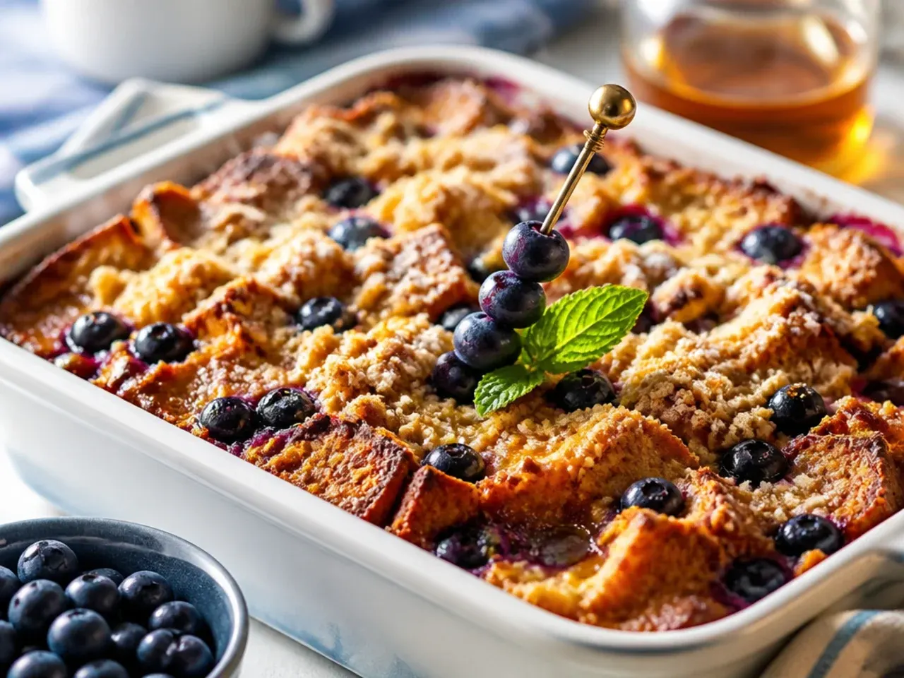 Blueberry french toast casserole with a golden crumbly streusel topping fresh from the oven