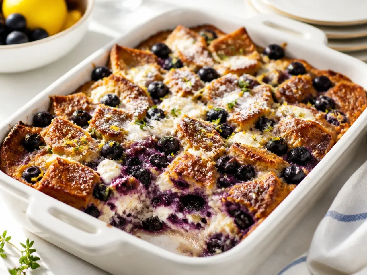Sliced blueberry french toast casserole showing a pocket of melted sweetened cream cheese inside