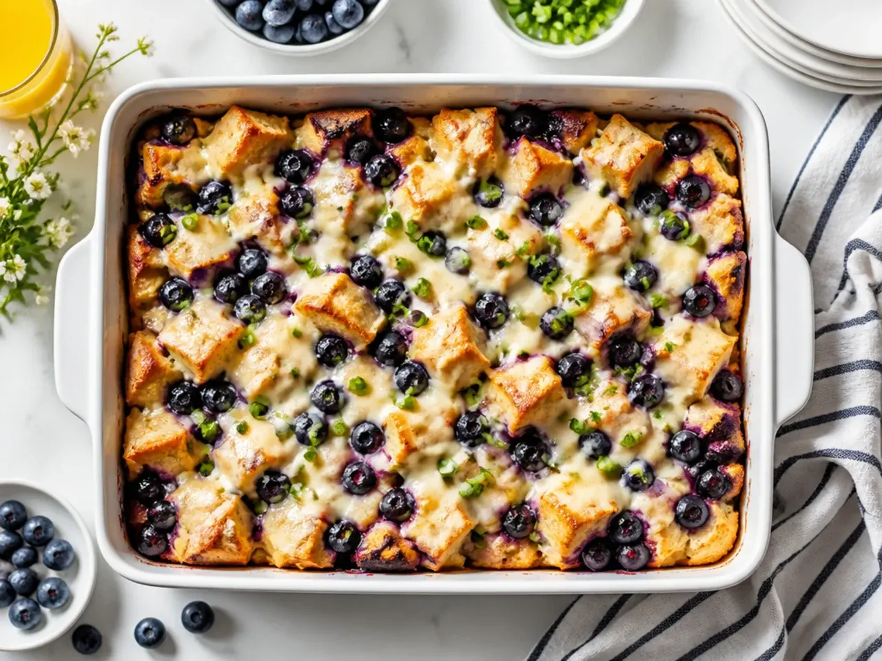Budget friendly blueberry french toast casserole made with sandwich bread and frozen blueberries