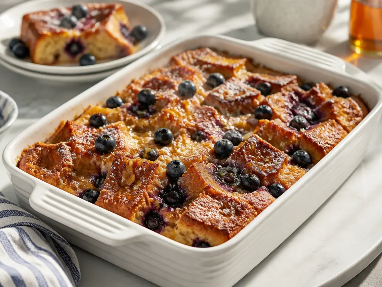 Two large dishes of blueberry french toast casserole ready to feed a crowd at brunch