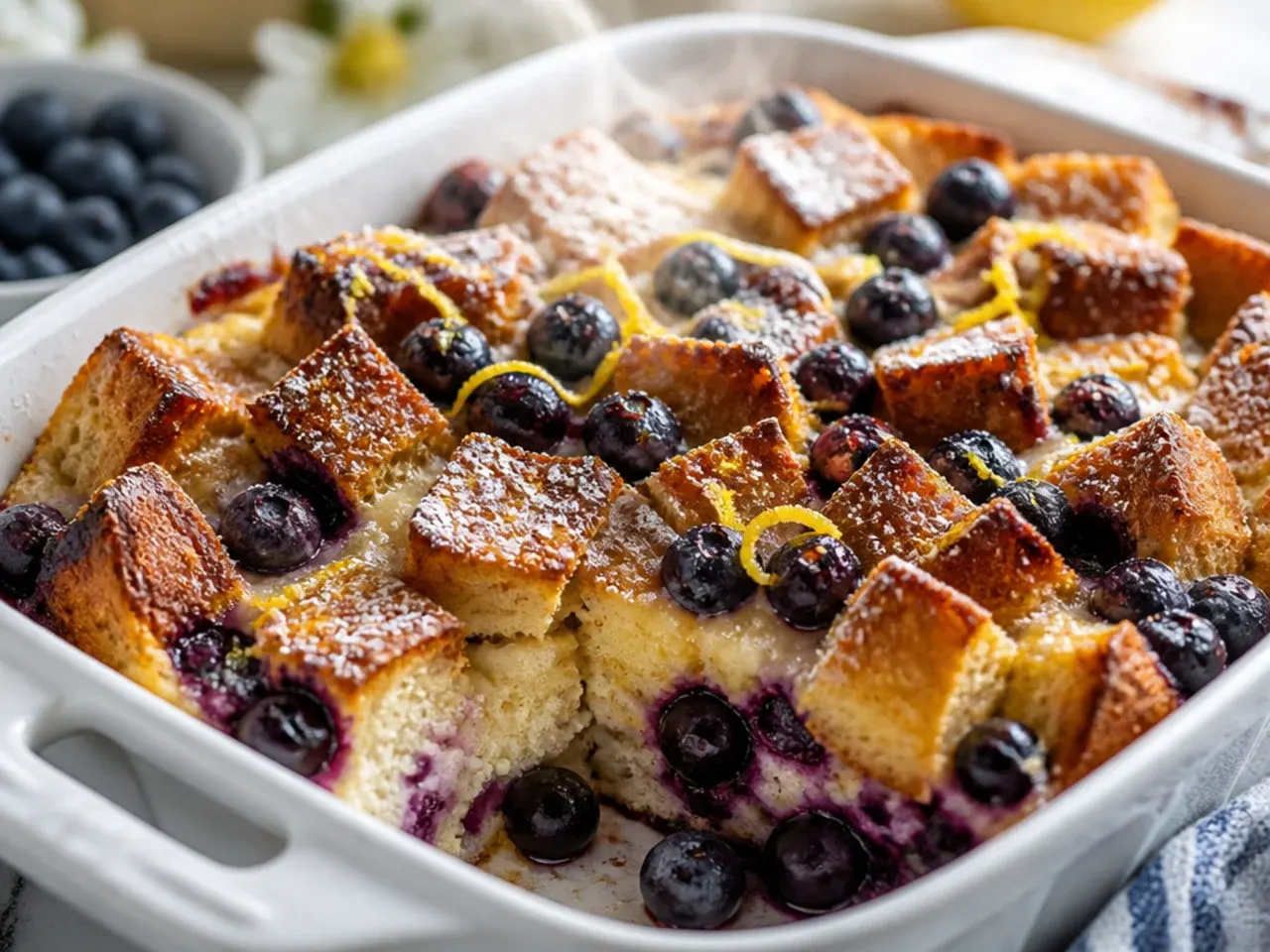 Blueberry french toast casserole covered with foil in the fridge, prepped the night before baking