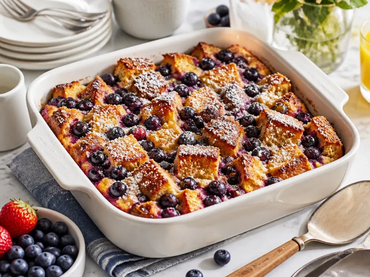 Individual blueberry french toast casserole muffins in a tin, golden on top with berries