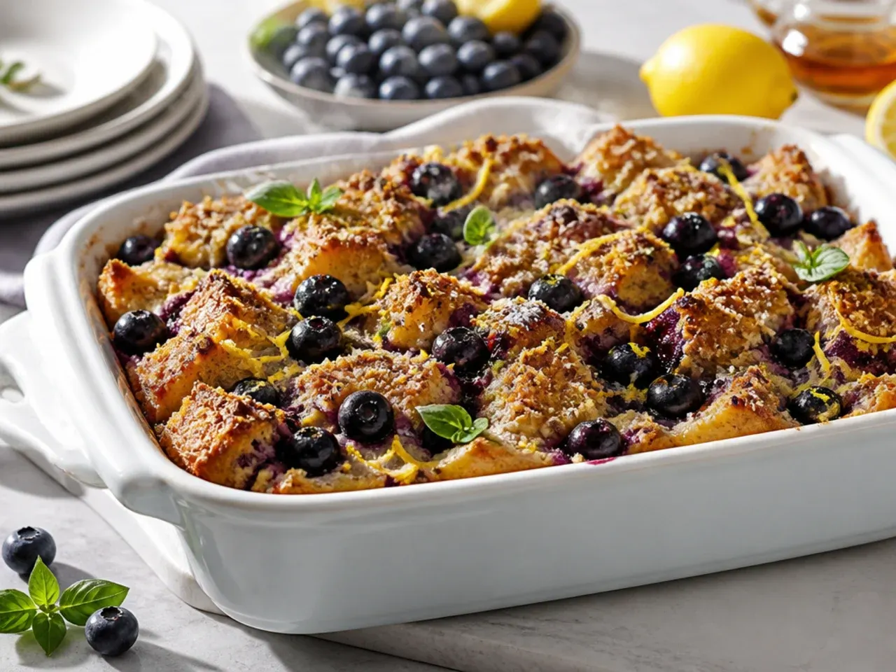 Festive lemon blueberry french toast casserole drizzled with citrus glaze and topped with fresh berries