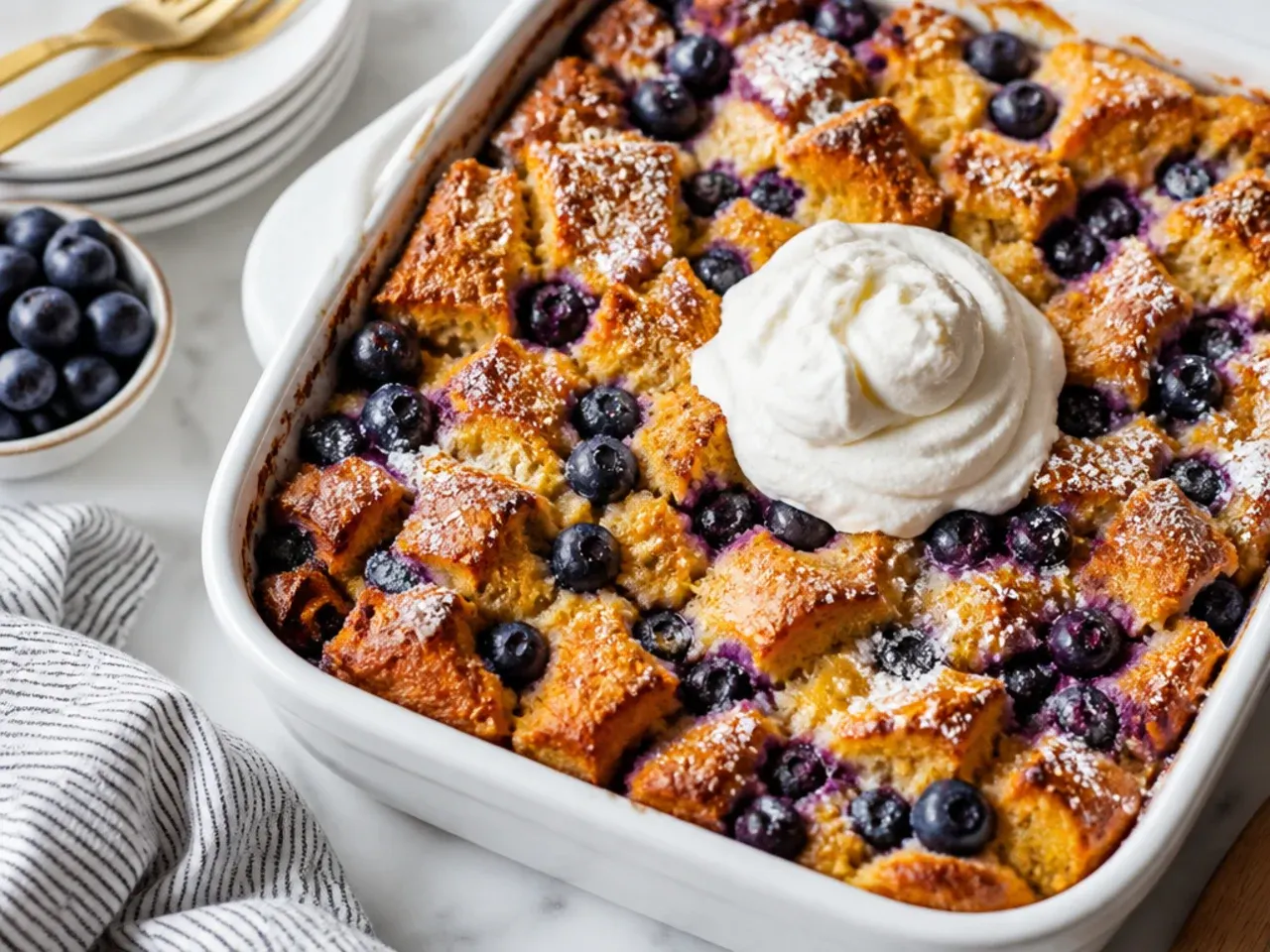 Quick same day blueberry french toast casserole fresh out of the oven on a cooling rack