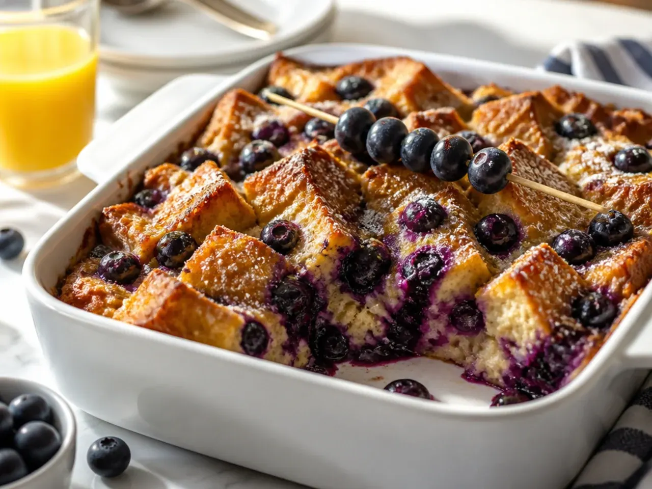 Homemade enriched bread being cubed for a from-scratch blueberry french toast casserole