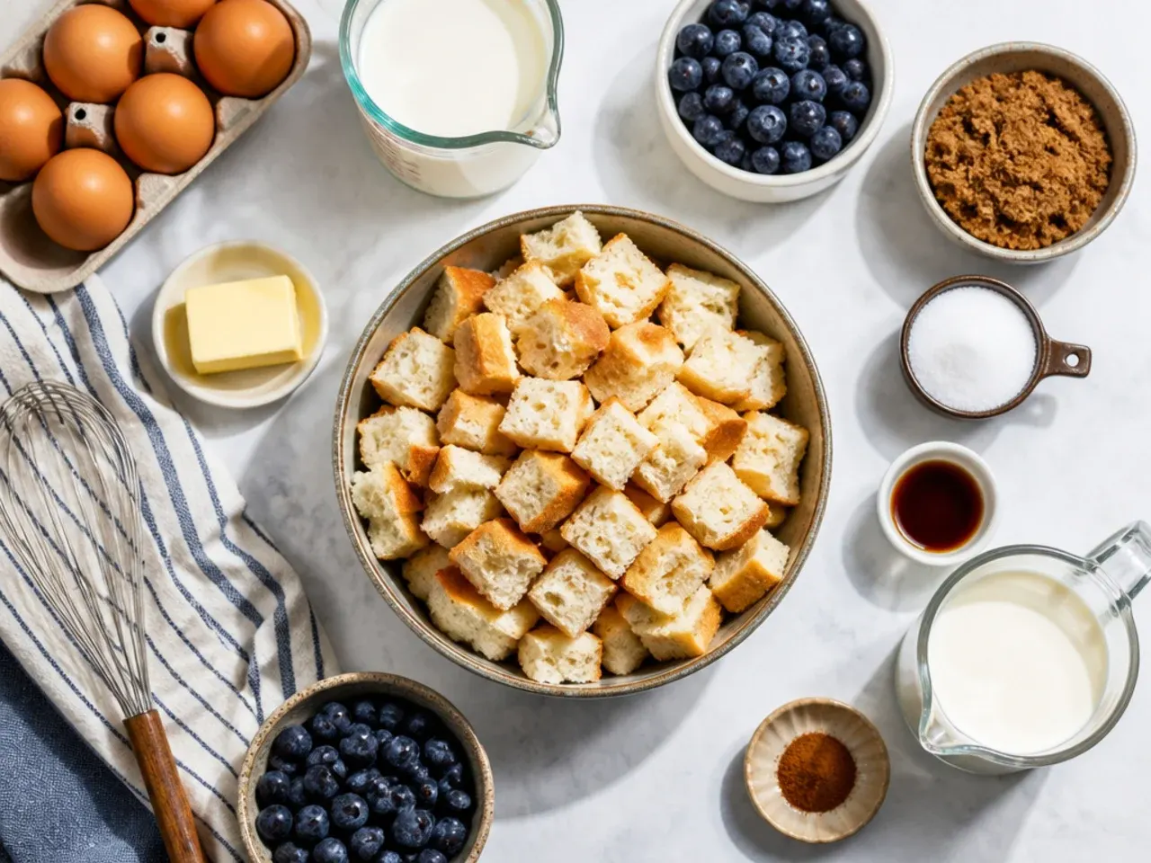 Close-up of a skewer testing the doneness of a baked blueberry french toast casserole
