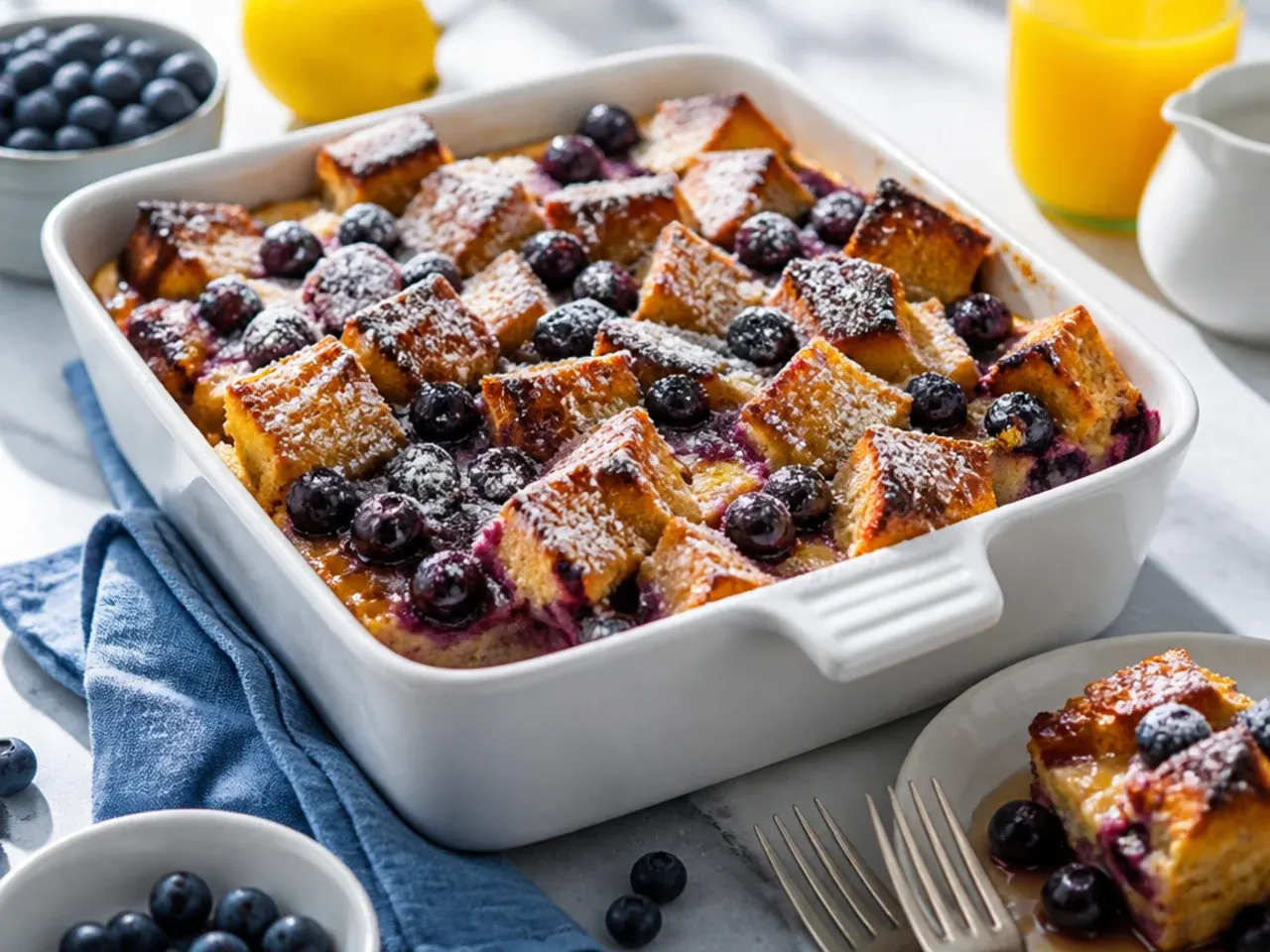 Slice of blueberry french toast casserole served on a plate with maple syrup and fresh berries
