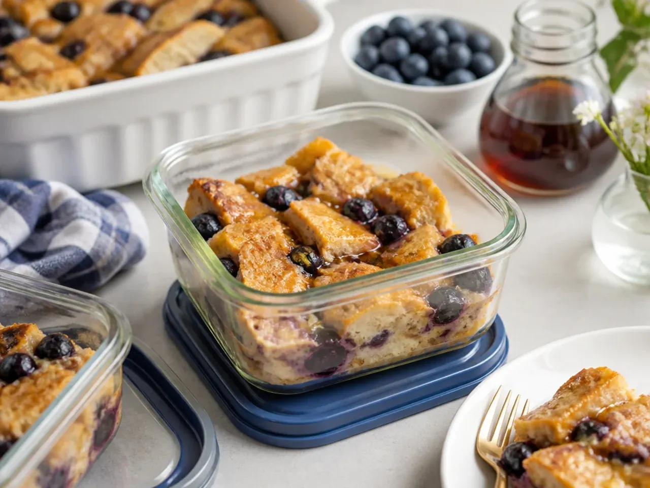 Leftover blueberry french toast casserole portions stored in an airtight container in the fridge