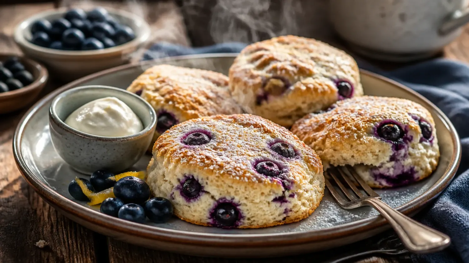 A batch of golden blueberry scones dusted with sugar on a wire rack, one split open to reveal a flaky, purple-studded crumb