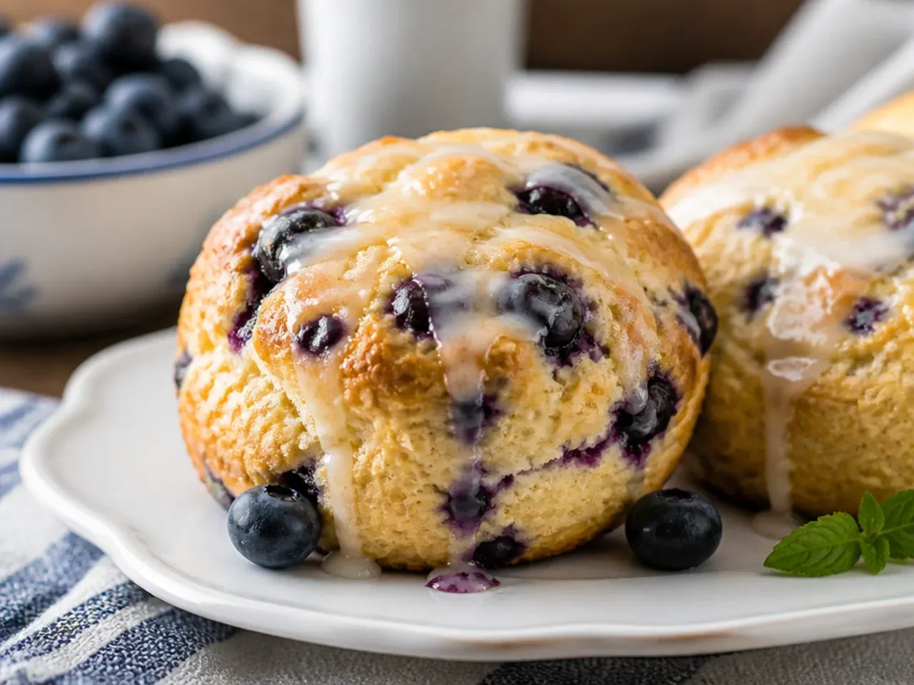 Overhead shot of ingredients for blueberry scones laid out - flour, butter, blueberries, buttermilk and sugar