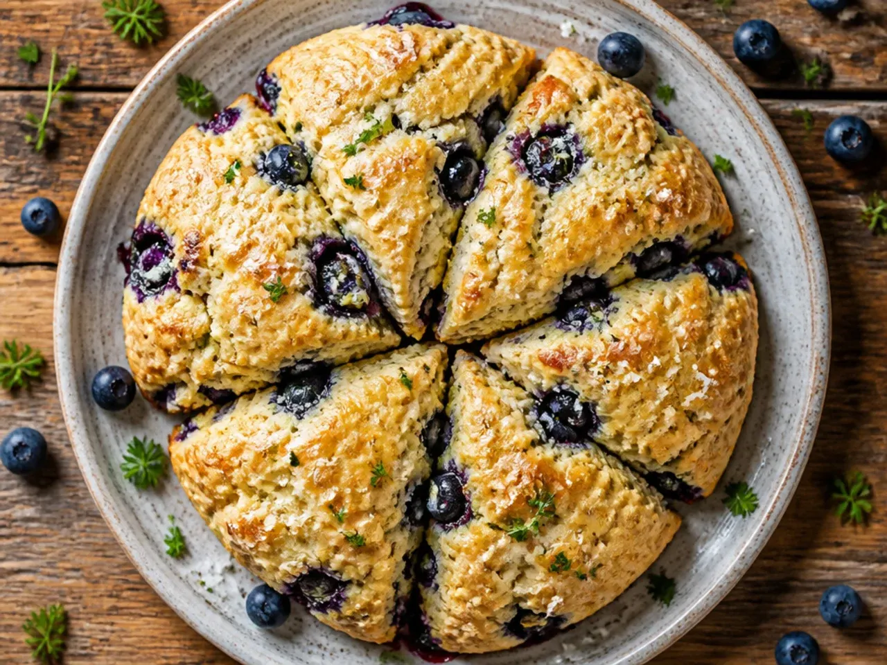 Classic golden blueberry scone wedges cooling on a parchment-lined baking tray