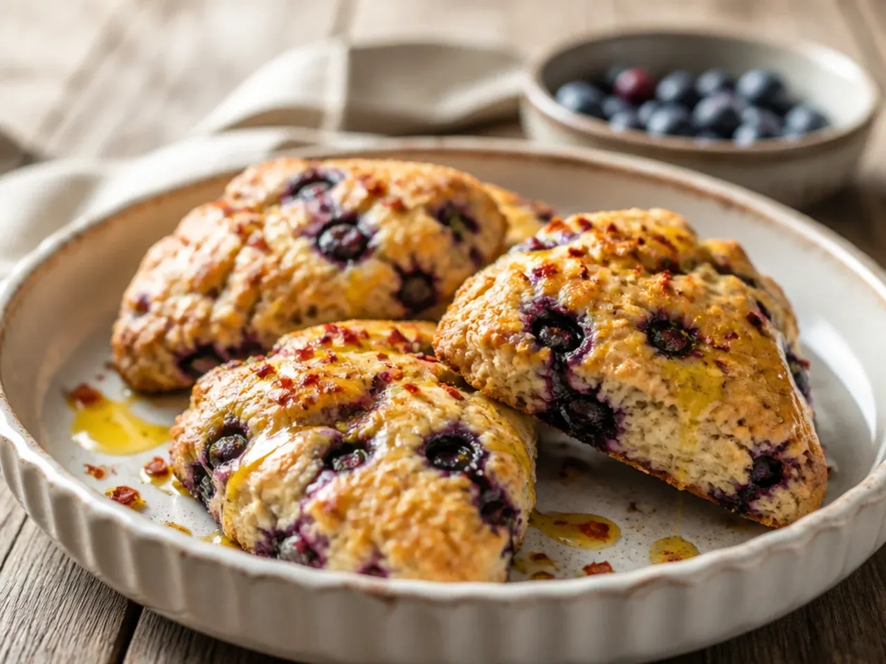 Frozen butter being grated straight into a bowl of flour for one-bowl blueberry scones